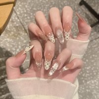 24pcs Cat's Eye French Full Cover Fake Nail Tips Diamond Flower Pearl Press on Nails Fashion Artifical Long Almond False Nail
