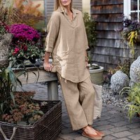 Casual Cotton Linen Women's Set Long Puff Sleeve Shirts Wide Leg Pants Drawstring Female Suits 2026 Summer Women 2-piece Sets
