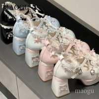 Sweet Lolita Platforms Lace Bow Decor Chunky Block Heel Mary Janes Kawaii Heart Buckle Cosplay Dress Shoes Cute Zapatos Mujer