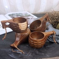 Kuksa Portable Coffee Mug Rubber Wood Handle Two Hole Cowhide Rope Hook Juice Milk Tea Coffee Drinking Cup Drinkware