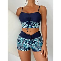 Cikini Women Summer Beach Drawstring Tropical Plant Printed Shorts Bikini Set, Random Print
