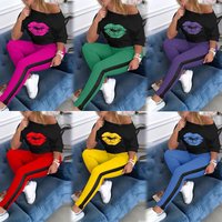 New Style Lip Print in the Sleeve Round Neck Sports Set