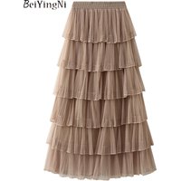 Beiyingni Woman Mesh Long Midi Cake Skirt Solid Color Elegant French Tiered Fairy Tulle Skirts Khaki Casual High Waist Faldas
