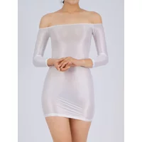 Candy Color Oil Glossy Dresses Long Sleeves Off Shoulder Sexy Ultra Short Packet Hip Skirt High Elastic Tight Mini Dress