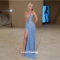Light Blue Chiffon Prom Dresses Sleeveless Crisscross Rhinestone High Slit Mermaid Pleated Floor-Length Evening Gown Customized
