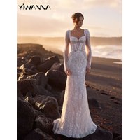 Luxurious Beaded Pearls Wedding Dress Romantic Sweetheart Neck Bridal Gown Customized Long Sleeve Mermaid Dresses For Bride