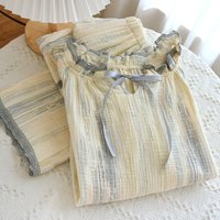 Lace V-Collar Cotton Crepe Double Layer Pajamas Set For Women Autumn Fashion Sleepwear Leisure Long Sleeve Homewear Suit
