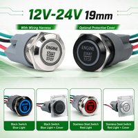 19mm 12V-24V Momentary Engine Start Stop Push Button Stainless Steel/Black Switch Red/Blue LED With Wire Harness&Optional Cover