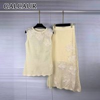 GALCAUR Slimming Spliced 3D Flowers Two Piece Set for Women Round Neck Sleeveless Top Patchwork Elastic Waist Skirt Sets Female