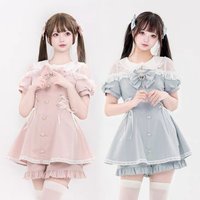 Japanese Style Sweet Peter Pan Collar Bow Dress Shorts Set Women Kawaii Lace Short Sleeve Shirt Dresses Lolita Gothic Y2k Oufits