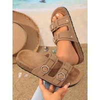 Women's All-Season Casual Simple Solid Color Pu Upper Cork-Patterned Flat Slip-On Sandals with Adjustable Round Buckle and Double Straps, Comfortable Beach Slide Sandals
