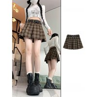 High Waist A-Line Skirt for Women Spring Vintage Plaid Pleated Half Body Skirts Girls Short Skirts Retro Style