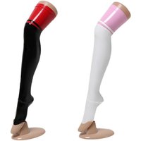 Lolita JK Girls Patchwork Stockings Smooth Faux Leather Oil Shiny Knee High Stockings Party Dance Cosplay Over Knee Hosiery