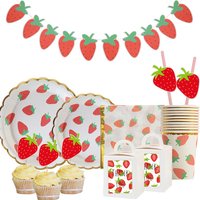 1Set Strawberry Disposable Tableware Paper Straws Stciker Banners For Kids Summer Sweet One Strawberry Birthday Decorations