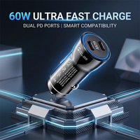 60W Dual USB C Car Charger PD Fast Charging Power Adapter For Phone Tablet Dash Cam GPS Vehicle Plug Stable Shake-Proof Blue LED