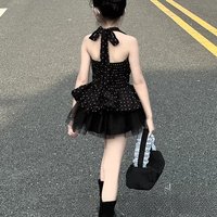 Girls Summer High Waist Soft Fabric Black Dress Retro Hong Kong Style Children's Clothing Backless Midi Skirt for Little Girls