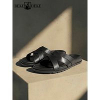 Mens Genuine Leather Black Slippers Fashion Woven Breathable Summer Casual Flat Shoes New Outside Men Real Cowskin Beach Slides