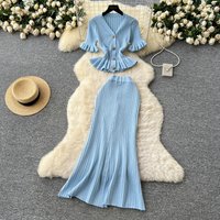 YuooMuoo Brand Fashion Women‘s Two Piece Set Elegant V-neck Ruffled Knitted Tops and Wrapped Hips Long Skirts Clothes for Women