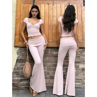 Hugcitar Fashion 2 Pcs Sets Solid Short Sleeve Square Collar Sexy Crop T-Shirt Flare Pants Summer Women Outfits Party Holiday