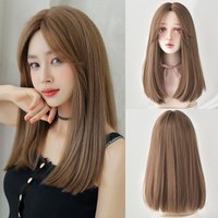 Shoulder Length Straight Honey Brown Wig for Women Synthetic Modest Fashion Middle Part Wear and Go Wigs with Curtain Bangs