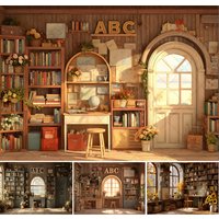 School Library Photography Backdrop Back to School Bookshelf Windows Rustic Wooden Kids Birthday Party Photo Background Banner