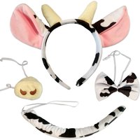 PESENAR Animal Costume 4 Pieces Set Cow Ears Headband Nose Bowtie and Tail Party Cosplay Halloween Dress Up Accessories
