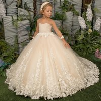 Customized Long Sleeve Flower Girl Dress Light Champagne Pearls Floral Appliques For Wedding Birthday Prom Holy Communion Gown