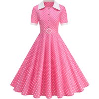 Vintage Women's Summer Dress Pink Polka Dot Peter Pan Collar Sweet Short Sleeve A-Line for Diner & Party