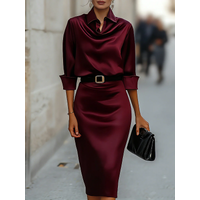 Satin Cowl Neck Shirt Dress With Belt Long Sleeve Bodycon Midi Dress For Women Elegant Casual Party Evening Gown