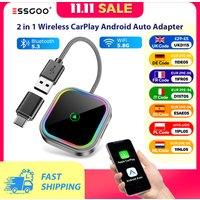 ESSGOO 2025 USB For Wireless CarPlay Android Auto Adapter Type-C WIFI Dongle Plug And Play RGB LED Bluetooth SWC Touchscreen