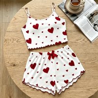 1 Sets Heart Print Bowknot Sleepwear Vest and Shorts Pajamas Set Women Ventilate Suspenders Loungewear Summer Casual Sleepwear