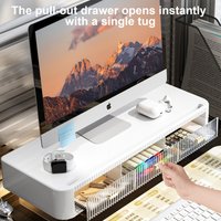 qwMonitor Stand, 53.34cm Long Monitor Stands Riser for Monitors, Pull-out Door with Storage Organizer Stand for Desk, 2 Tier Desk Shelf for Laptop, Pc, Printer, Computer, TV, Mounted Closet Systemse