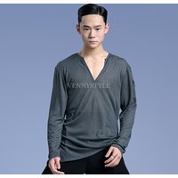 Vennystyle Latin dance men dance top Long sleeve V-neck top dance training dress national standard dance performance