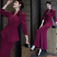 New Elegant Fashion 2 piece sets woman outfit 3D Flower V-neck Long Sleeve Jacket Coat + Slim Split Mermaid Skirt Party Suit