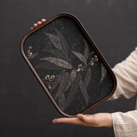 High-End Japanese Woven Bamboo Tray, Rectangular Tea Tray with Fruit & Crabapple Motifs, Retro Dry Brewing Tea Stand for Home