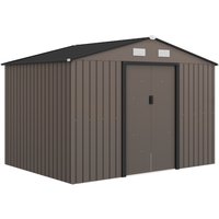 9 x 6ft Metal Garden Shed, Outdoor Storage Tool House with Ventilation Slots, Foundation Kit and Lockable Double Doors, Brown