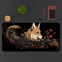 Fox Pattern Japanese-style Mousepad,black and White Color Scheme,Japanese Aesthetic Gaming Deskmat,the Perfect Gift for A Friend