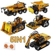 5IN1 Remote Control Excavator Loader Bulldozer Crane Truck Car City Technical Building Blocks Boys Birthday Gifts Kids Toys