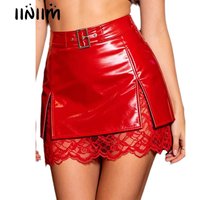 Womens Glossy PU Leather Latex Bodycon Miniskirt Split Hem Wet Look Layer Floral Lace Lining High Waist Tiered Skirt Clubwear