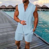 Men's Vest Pajama Set T-shirt Sleeveless V-Neck Top and Shorts Men Set Elastic Waistband with Drawstring Soft Cozy Homewear