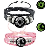 2pcs/set Sun and Moon Lovers Leather Bracelet Punk Multi-Layered Beaded Braided Adjustable Bracelet Set For Couple Jewelry