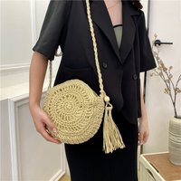 Women Hollow Straw Bag Circle Rattan Bag Round Soft Paper Rope Shoulder MessengerBag Tassel Summer Beach Handmade Crossbody Bags