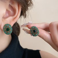 Vintage Green Rhinestone Stud Earrings Temperament Simple Geometric Round Women's Earring Dainty New Trendy Party Ear Jewelry K