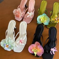 Hawaii Asymmetrical Flower Sandals,Silk Fairy Clip Toe Thin Heels,Women Beach Vacation Flip Flop Sandal,2025 Summer Dress Shoes