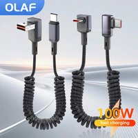 100W Car Spring USB Type C To Type C Cable 90° Elbow USB C Fast Charging Data Cable For iphone 17 16 15 Phone Tablet Laptop