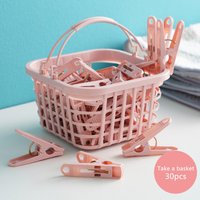30Pcs Windproof Clothes Clothespin Plastic Clips with Storage Basket Laundry Hanging Clips for Drying Clothes Outdoor Indoor Use