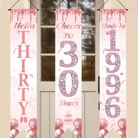 2D Flat 3Pcs Pink Gold 30th Birthday Door Banner Set, Balloon & Fishtail Design, Indoor Outdoor Home Party Hanging Decor