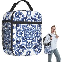 Blue Ornate Floral Mediterranean Sicilian Tile Insulated Lunch Bag for Women Kids Leakproof Food Boxes Thermal Lunch Box Tote
