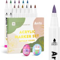 Arrtx 12 Metallic Colors Acrylic Marker, Brush Acrylic Pens for Rock Stone Ceramic Porcelain Mug Wood Fabric Canvas Painting