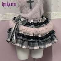 Kukeita Gothic Lolita Style Bow Plaid Skirt Y2k Punk Kawaii Plush Patchwork Fluffy Cake Mini Skirt Japanese Vintage Women Skirts